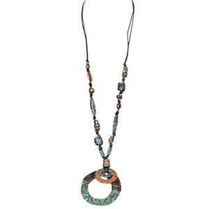 Vintage Earthy Boho Copper Multi-Layered Circle Pendant Rawhide Cord Necklace